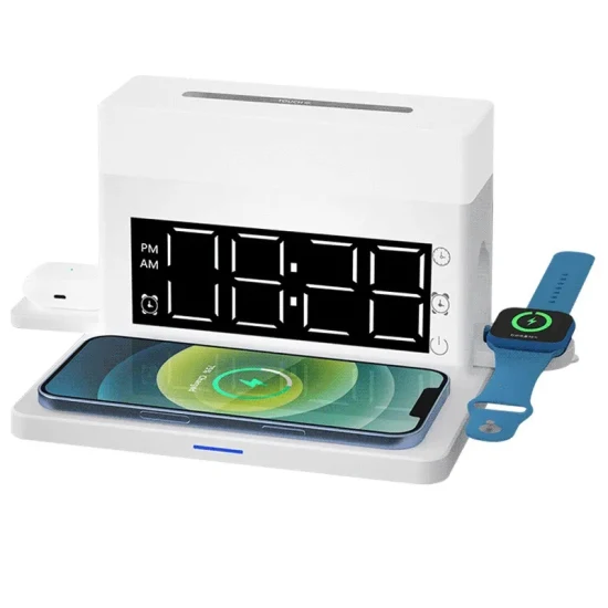 새로운 도착 아마존 베스트 셀러 6 in 1 야간 조명 무선 전화 충전기(애플 아이폰용 알람 시계 포함)